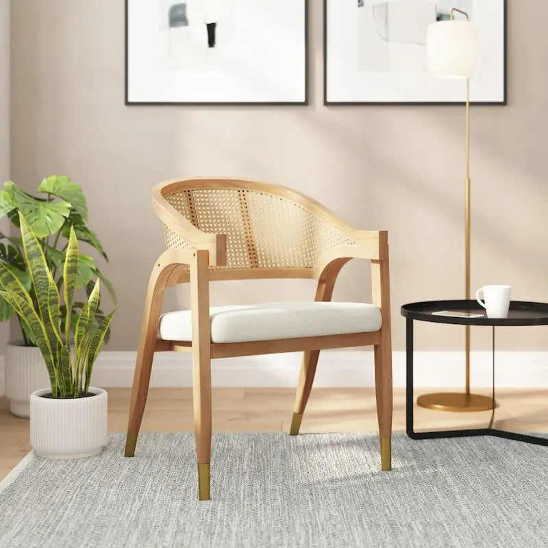 Krzesło do jadalni z plecionym rattanowym oparciem i tapicerowanym siedziskiem
