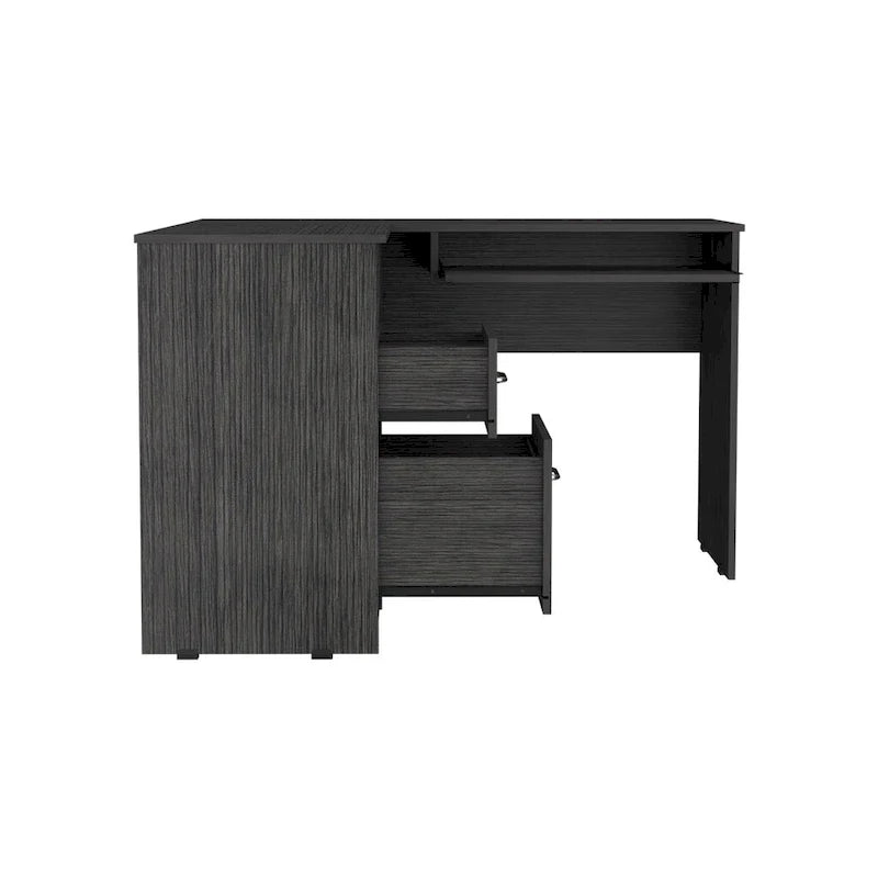 L-shaped desk with a keyboard tray, finished in a smoked oak color; high-quality, sturdy, and durable.