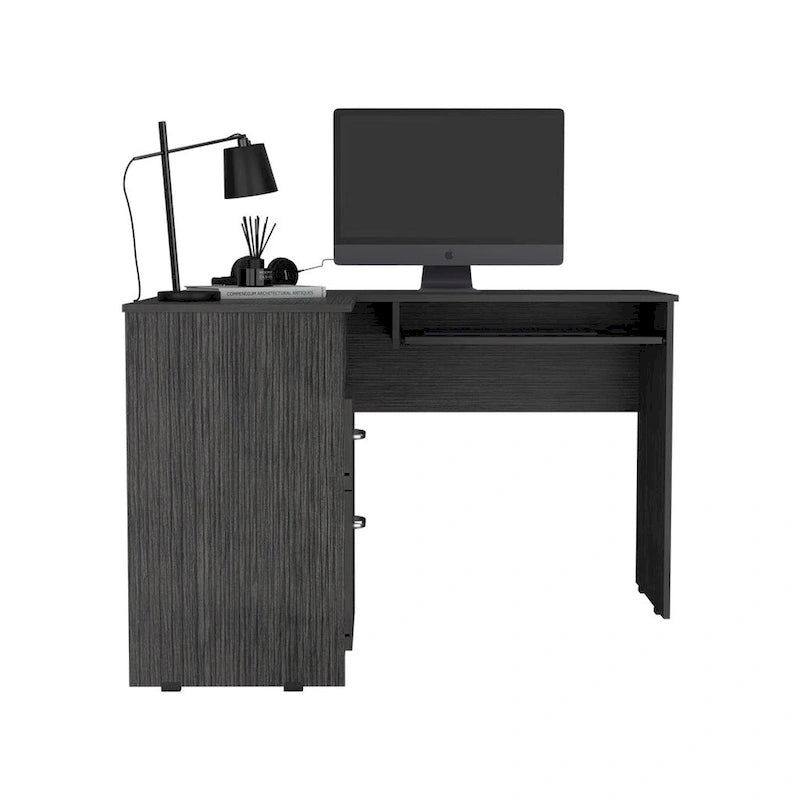 L-shaped desk with a keyboard tray, finished in a smoked oak color; high-quality, sturdy, and durable.