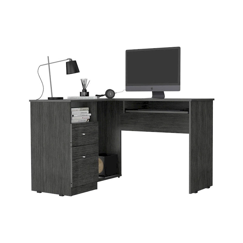 L-shaped desk with a keyboard tray, finished in a smoked oak color; high-quality, sturdy, and durable.