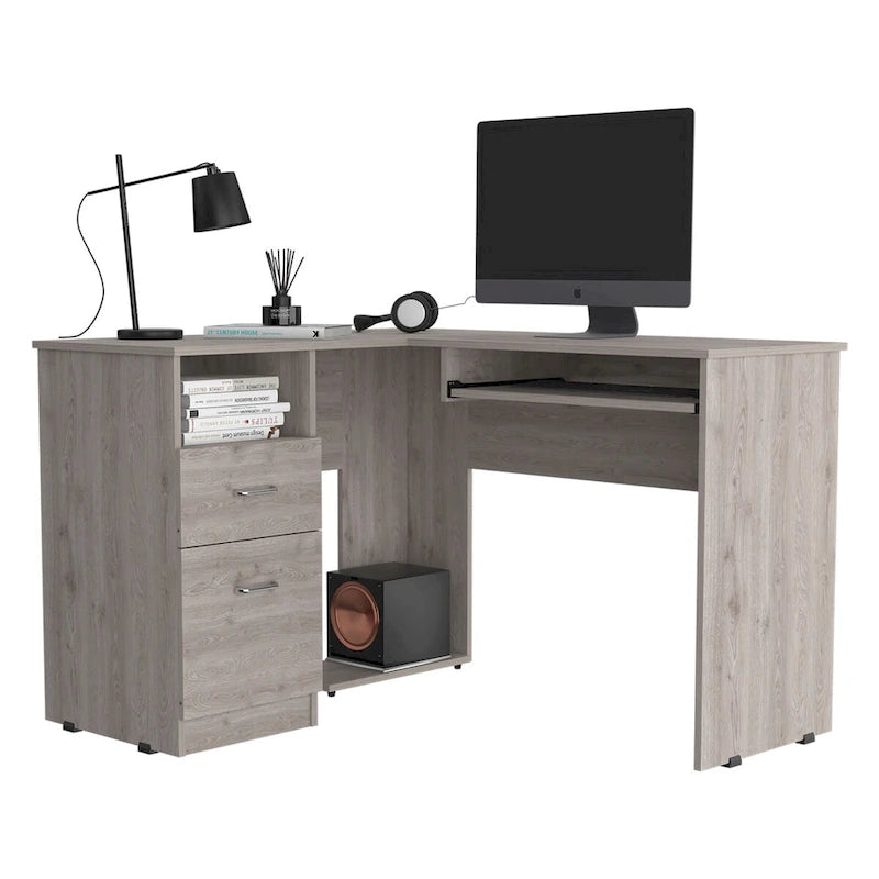 L-shaped desk with a keyboard tray, finished in a smoked oak color; high-quality, sturdy, and durable.