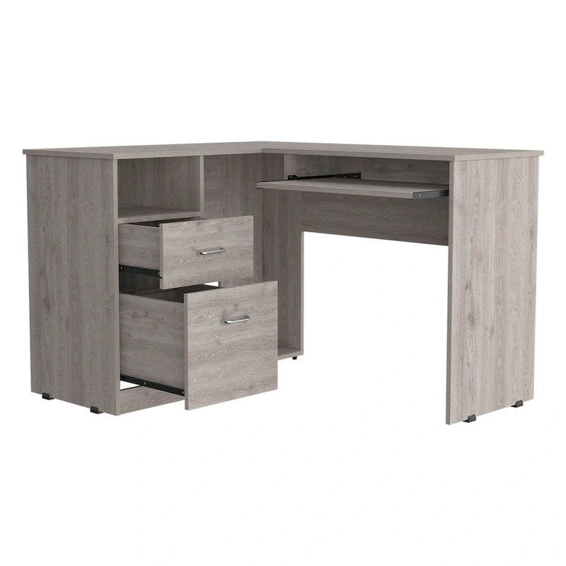 L-shaped desk with a keyboard tray, finished in a smoked oak color; high-quality, sturdy, and durable.