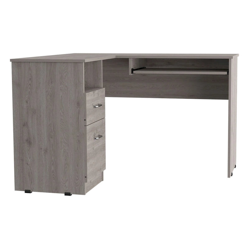 L-shaped desk with a keyboard tray, finished in a smoked oak color; high-quality, sturdy, and durable.