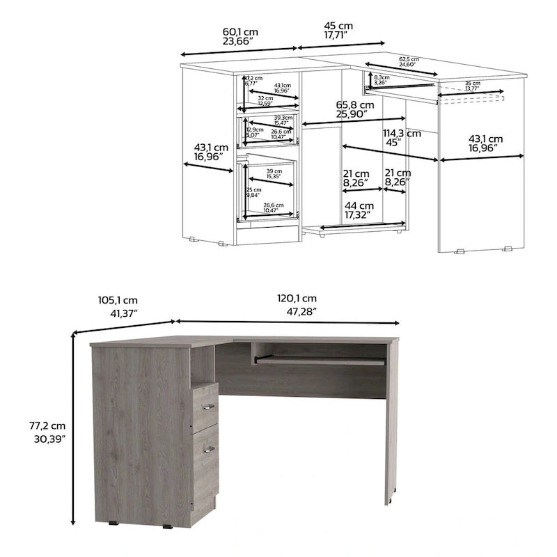 L-shaped desk with a keyboard tray, finished in a smoked oak color; high-quality, sturdy, and durable.