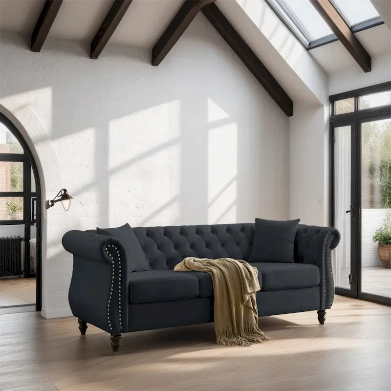 80 3 Seater Velvet Sofa with Rolled Arms and Two Pillows