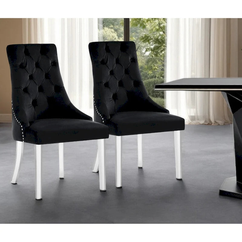 Set of Two Tufted Black and Clear Upholstered Velvet Dining Side Chairs
