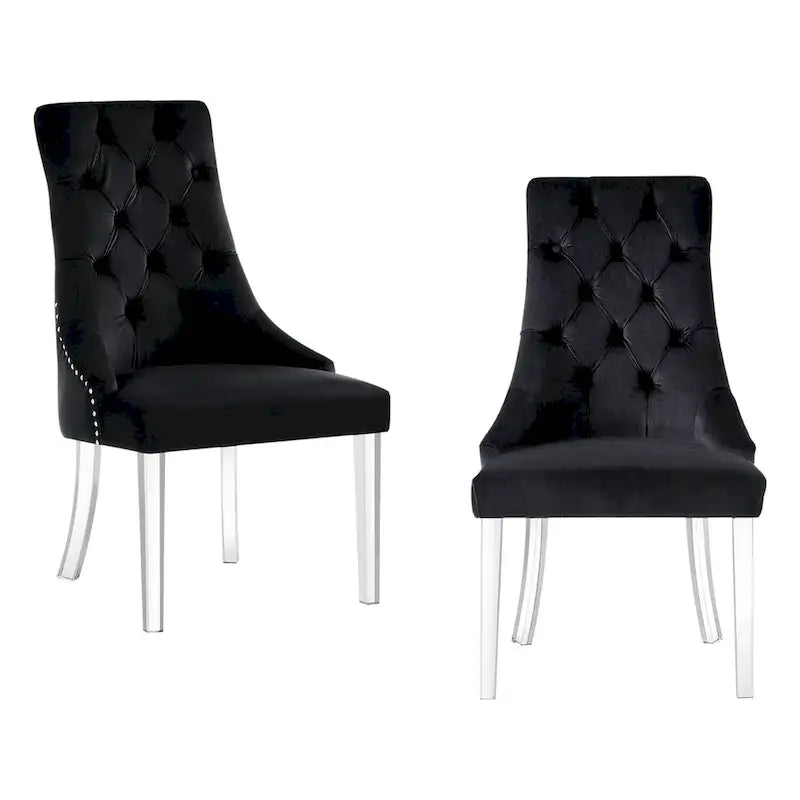 Set of Two Tufted Black and Clear Upholstered Velvet Dining Side Chairs