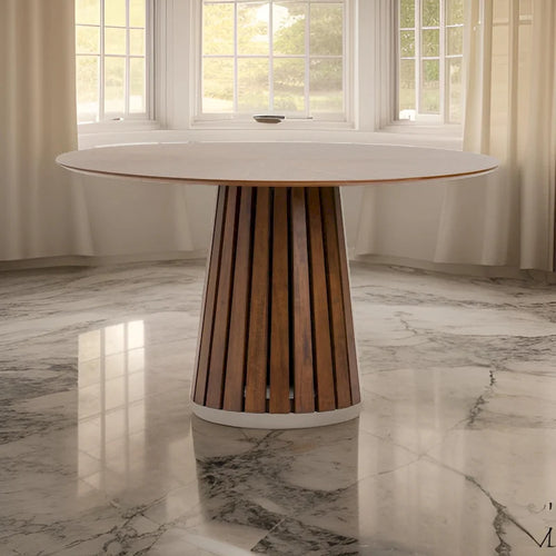 Cid Xeu 54 Inch Dining Table, Round Walnut Veneer, Slatted Pedestal Base