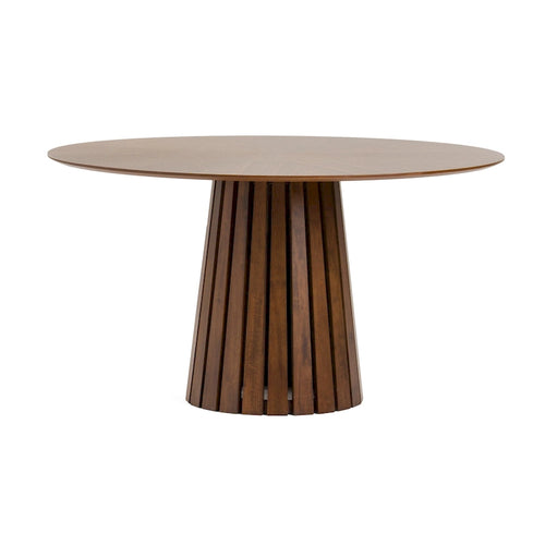 54 Inch Dining Table, Round Walnut Veneer, Slatted Pedestal Base