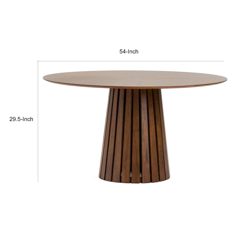 54 Inch Dining Table, Round Walnut Veneer, Slatted Pedestal Base